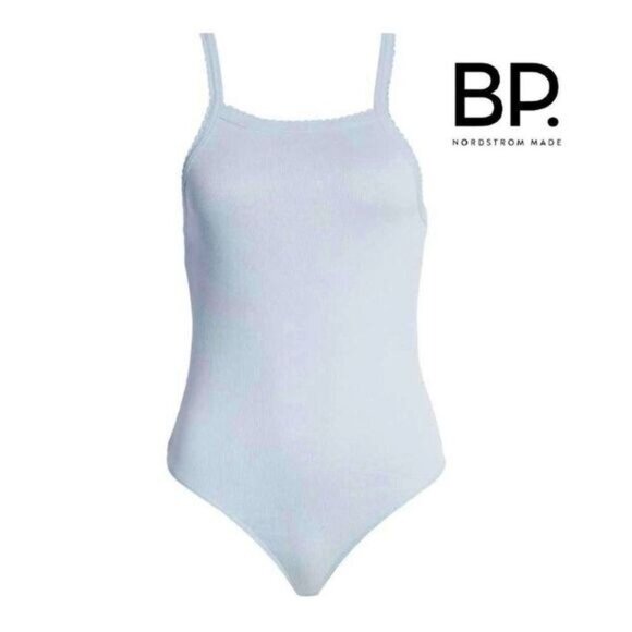 BP. Women's Picot Trim‎ Cotton Blend Rib Bodysuit In Blue Cashmere NWT - Picture 5 of 5